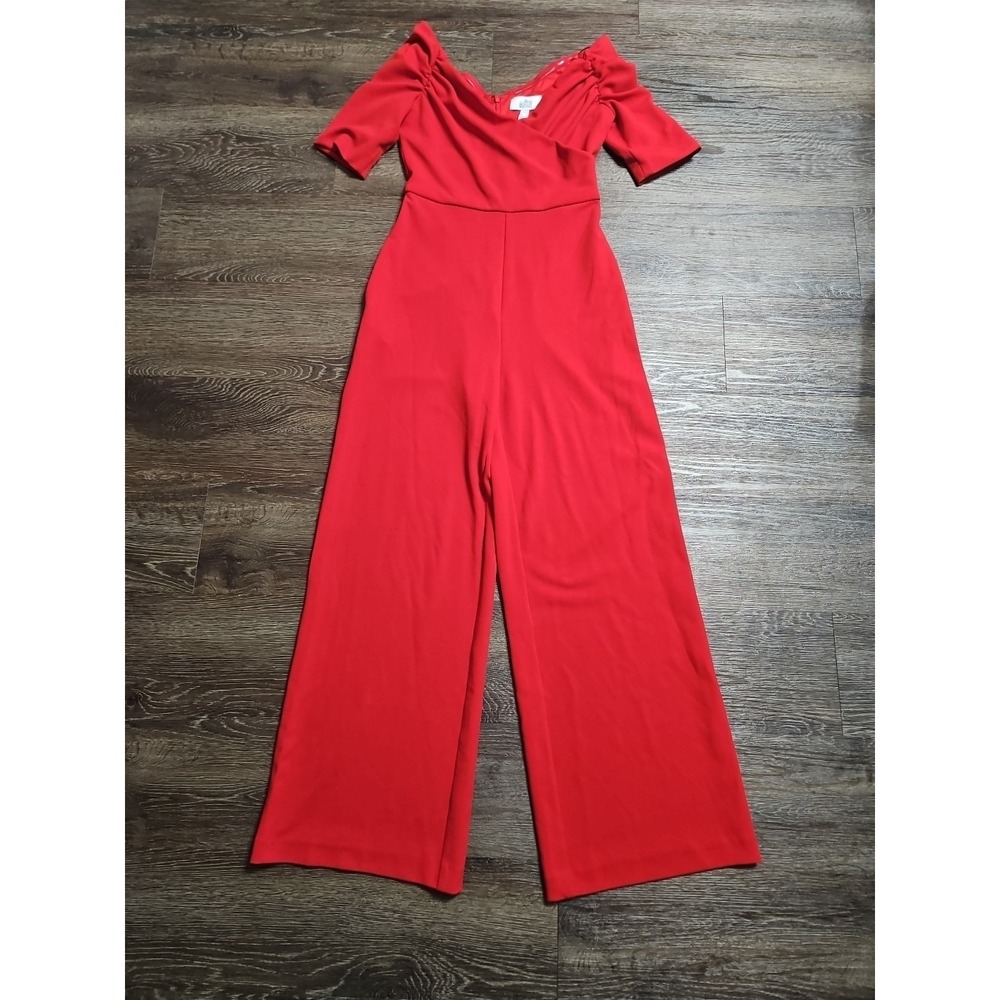 Badgley Mischka Belle Mia Red Rushed Crossover Neckline Wide-leg Jumpsuit Size 2 - Picture 3 of 14